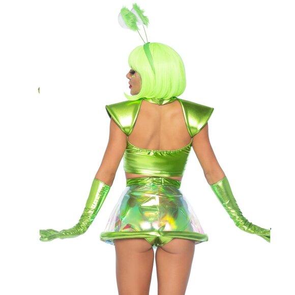 Beam Me Up Babe Alien Costume, Metallic Crop Top with Clear Skirt and Glove - Picture 2 of 2